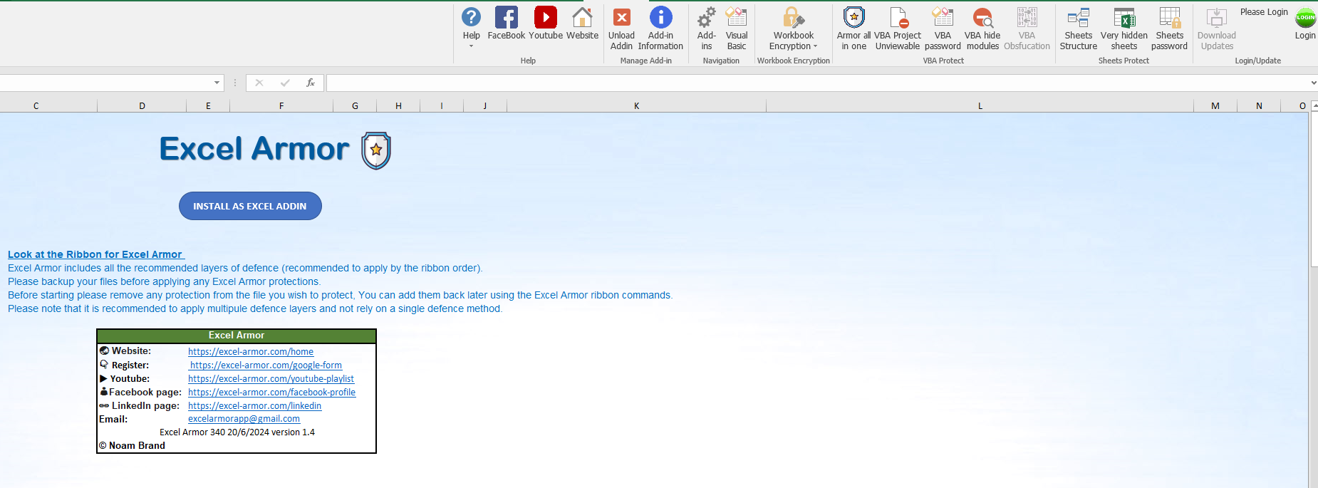 Excel Armor ribbon interface showing VBA encryption, sheet protection, and obfuscation tools