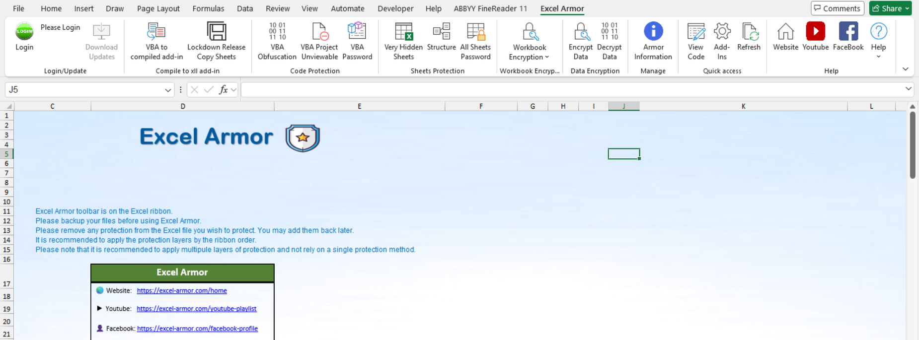 Excel Armor Ribbon-Oberfläche: VBA-Verschlüsselung, Blattschutz und Code-Verschleierung